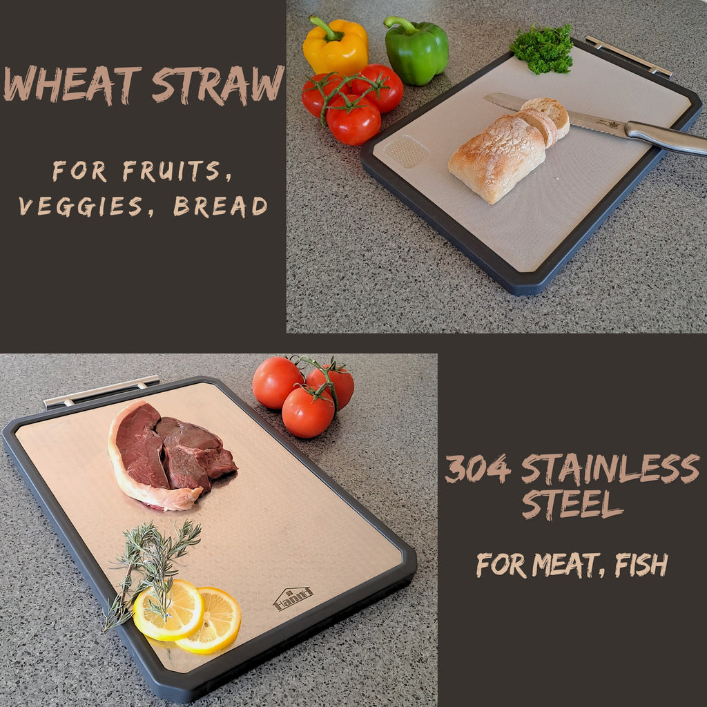 HANNH Stainless Steel Cutting Board, Double Sided Steel Cutting Board for Kitchen, Stainless Steel/Wheat Straw PP, Metal Cutting Boards for Meat, Non-Toxic steel chopping board,16 * 11 Inch